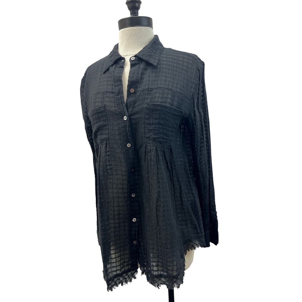 Elliott Lauren Button Front Shirt Womens 4 Black Excellent Gauze Fringe Plaid